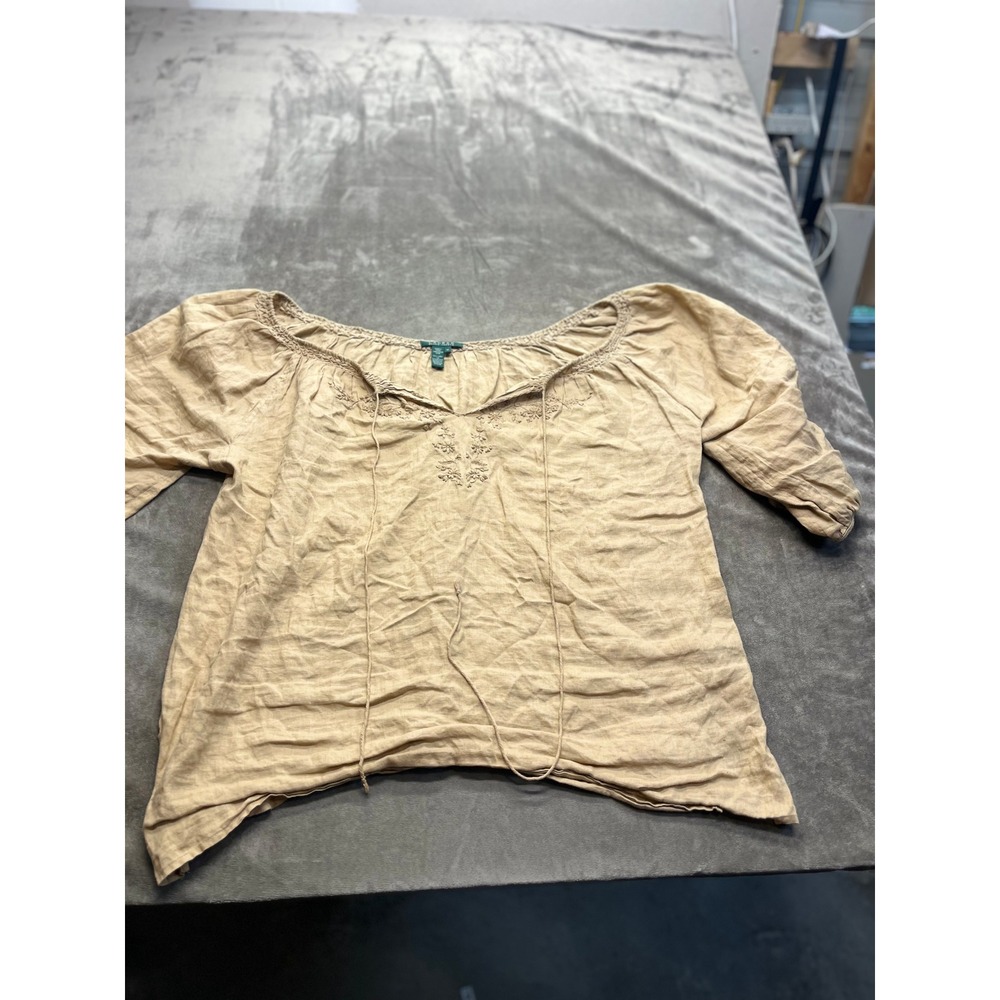 Lauren Ralph Lauren Tan Linen Embroidered Peasant Blouse Top 1X Beige Boho